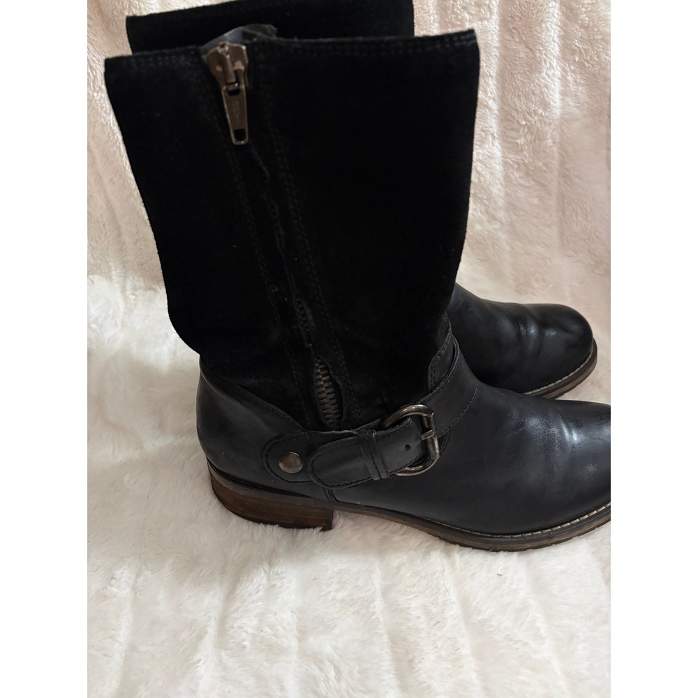 Clarks Womens Black Leather Suede Moto Boots Mid Calf Buckle Zip 66575 Size 9M